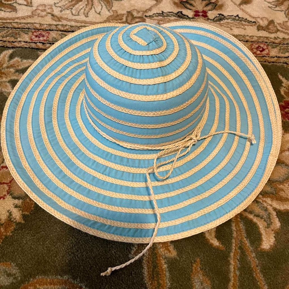 Panama Jack Womens Blue Cream Striped Wide Brim Floppy Sun Beach Hat One Size